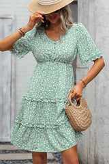 Floral Print Frill V Neck Casual Dress