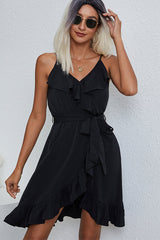 Ruffle Hem Solid Tie Waist Mini Dress