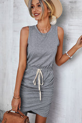 Solid Color Drawstring Waist Casual Dress
