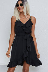 Ruffle Hem Solid Tie Waist Mini Dress