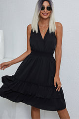 Smocked Waist Solid Sleeveless Casual Mini Dress