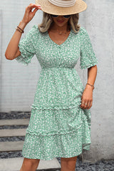 Floral Print Frill V Neck Casual Dress