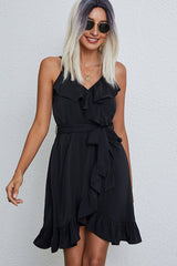Ruffle Hem Solid Tie Waist Mini Dress