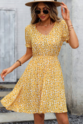 V Neck Floral Print Short Sleeve Mini Dress