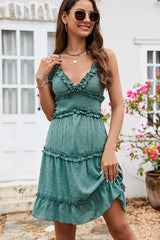 Solid Frill Sleeveless Back Cross Mini Dress