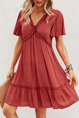 Solid Color V Neck High Waist Casual Dress
