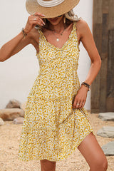 Floral Print V Neck Frill Casual Mini Dress