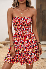 Smocked Bandeau Printed Ruffled Mini Dress
