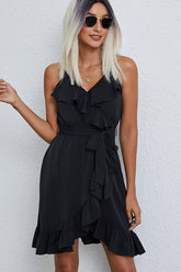 Ruffle Hem Solid Tie Waist Mini Dress