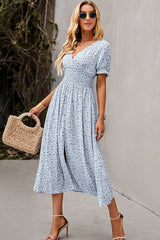 Fashion V Neck Smocked Chest Floral Print Maxi Dress