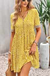 Fashion Floral Print V Neck Button Mini Dress