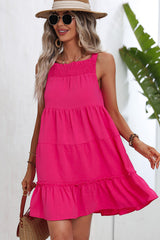 Smocked Neck Solid Color Ruffle Hem Dress