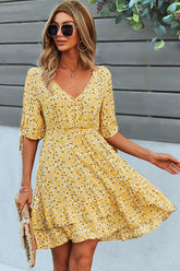 V Neck Floral Print Knot Sleeve Mini Dress