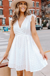 Ruffle Shoulder Hollow Solid White Mini Dress