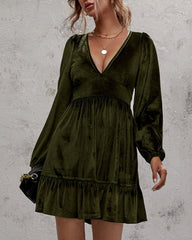 V-neck Velvet Ruffled Puff Sleeve Skater Party Mini Dresses
