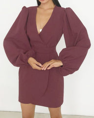 V-neck High Waist Lantern Sleeve Mini Dresses Purple