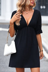 Lace V Neck Solid Color Mini Dress