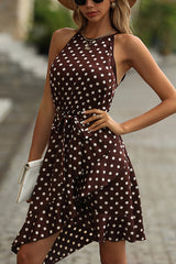 Dots Print Knot Waist Ruffle Mini Dress