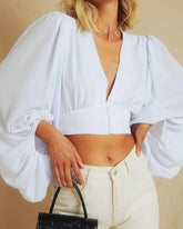 Vintage V-neck Loose Lantern Sleeve Single-breasted Blouse