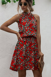 Halter Neck Flower Print Mini Dress