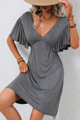 Ruffle Sleeve Solid V Neck Casual Mini Dress