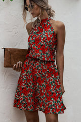 Halter Neck Flower Print Mini Dress