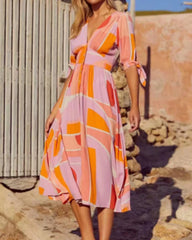 V-neck Single-breasted Floral Elastic Waist Midi Dresses