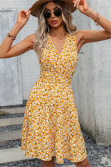 V Neck Floral Print Tie Waist Dress