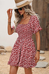 Floral Print Puff Sleeves Ruffled Mini Dress