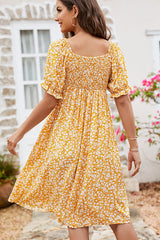 Floral Print Hook Design V Neck Casual Dress