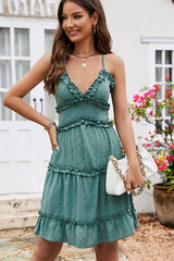 Solid Frill Sleeveless Back Cross Mini Dress