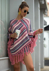 Tassel Fringed Pullover Diagonal Stripes Sweater Cloak Shawl Cape