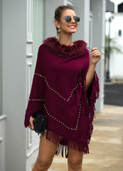 Tassel Fringed Pullover Bead Fur Collar Sweater Cloak Shawl Cape