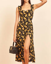 Vintage Suspenders Backless Slit Floral Chiffon Midi Dresses