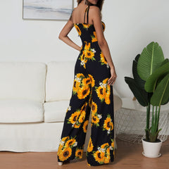 Summer Sunflower Print Suspenders Jumpsuit High Waist Romper