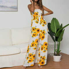 Summer Sunflower Print Suspenders Jumpsuit High Waist Romper
