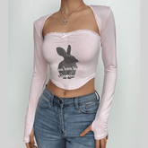 Rabbit pattern contrast lace hem shrug 2 piece crop top