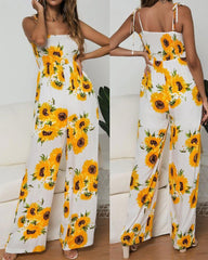 Summer Sunflower Print Suspenders Jumpsuit High Waist Romper