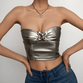 Solid metallic sleeveless zip-up hollow out buckle tube cut out top