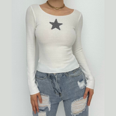 Star embroidery long sleeve ruffle round neck top