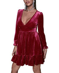 V-neck Velvet Ruffled Puff Sleeve Skater Party Mini Dresses