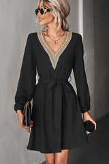 Fashion V Neck Solid Lace Long Sleeve Dress