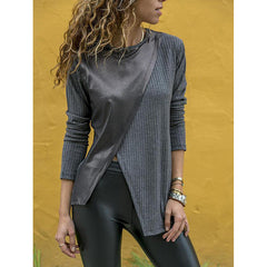 Women's Round Neck Leather Irregular Splicing Sweater