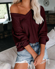 V-neck Waffle Strapless Shoulder Lantern Long Sleeve T-shirt Sweater