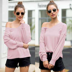 V-neck Waffle Strapless Shoulder Lantern Long Sleeve T-shirt Sweater