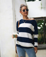 Women Sexy Round Neck Wide Stripe Loose sweater