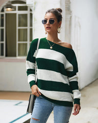 Women Sexy Round Neck Wide Stripe Loose sweater
