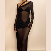 Sheer mesh long sleeve irregular backless see through slit maxi dress