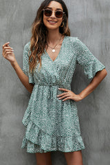 V Neck Printed Trumpet Sleeve Casual Dress