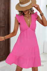 V Neck Solid Smocked Ruffle Hem Mini Dress